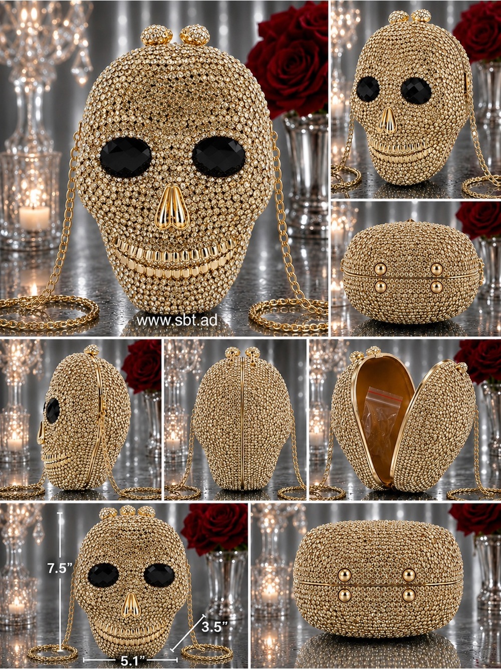 NWT Skull Clutch Purse Sparkling Bling Swarovski Crystal Rhinestone Black +Gift - Picture 9 of 15